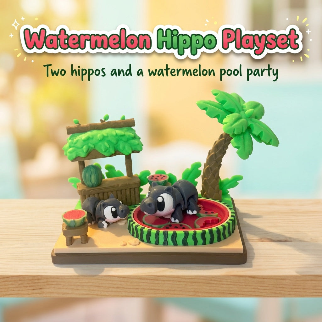 Watermelon Hippo Playset 3D printed watermelon pool, fruit stand, palm tree and two hippos