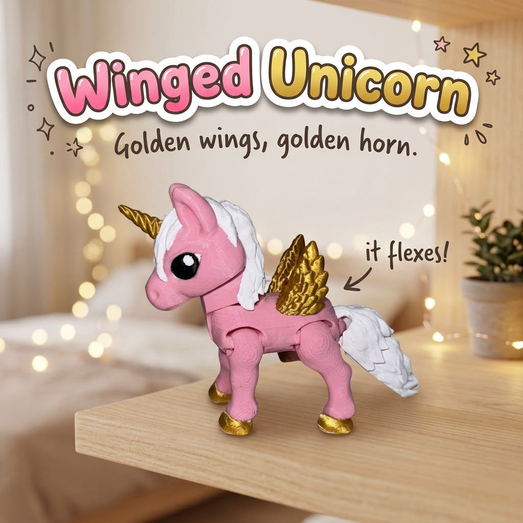 Winged Unicorn 3D printed articulated flexi toy by Cosmic 3D Creations, on a cozy shelf with fairy lights