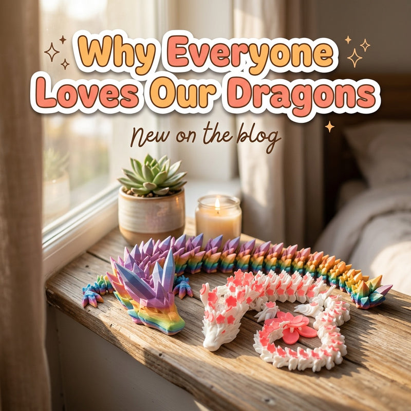 Why Everyone Loves Our Dragons: blog cover from Cosmic 3D Creations with 3D printed flexi toys