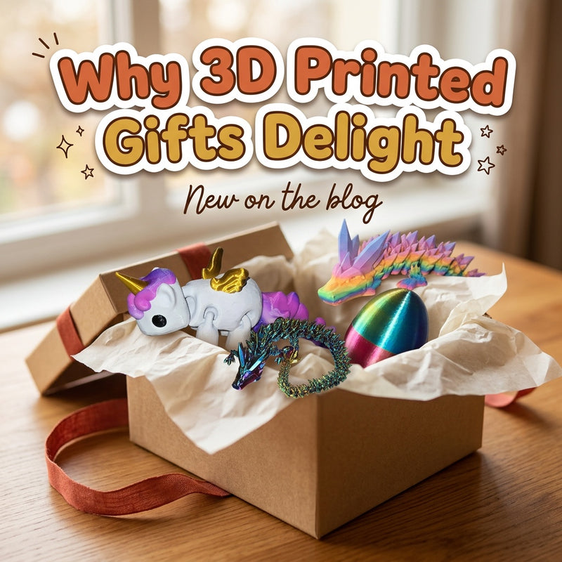 Why 3D Printed Gifts Delight: blog cover from Cosmic 3D Creations with 3D printed flexi toys