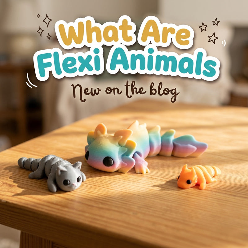 What Are Flexi Animals: blog cover from Cosmic 3D Creations with 3D printed flexi toys