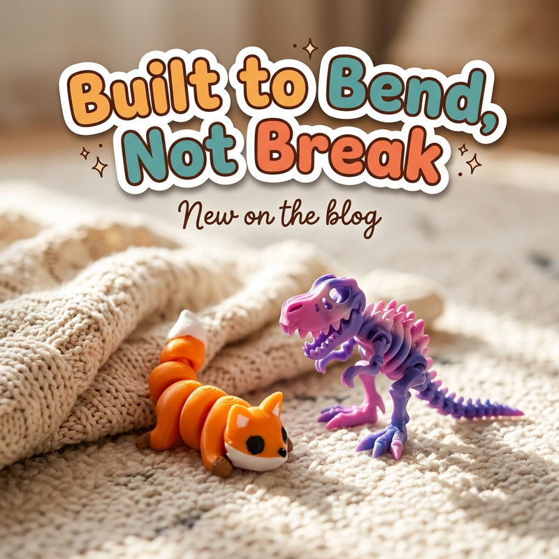 Built to Bend, Not Break: blog cover from Cosmic 3D Creations with 3D printed flexi toys