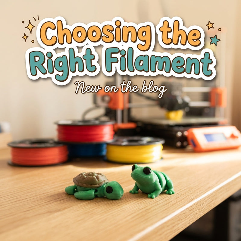 Choosing the Right Filament: blog cover from Cosmic 3D Creations with 3D printed flexi toys