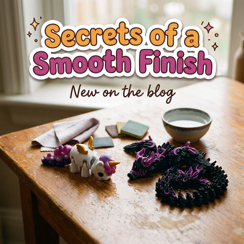 Secrets of a Smooth Finish: blog cover from Cosmic 3D Creations with 3D printed flexi toys