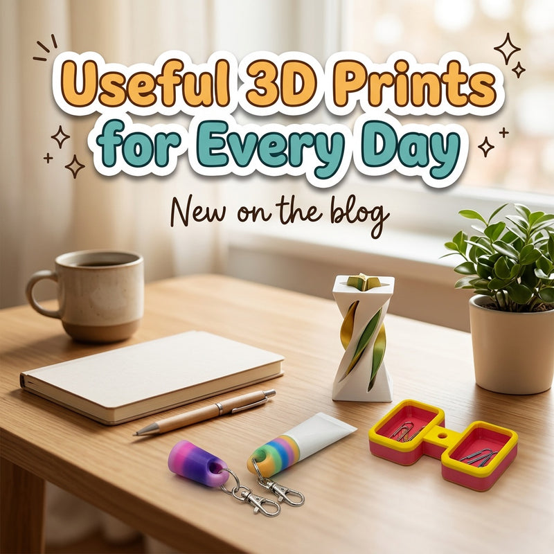 Useful 3D Prints for Every Day: blog cover from Cosmic 3D Creations with 3D printed flexi toys