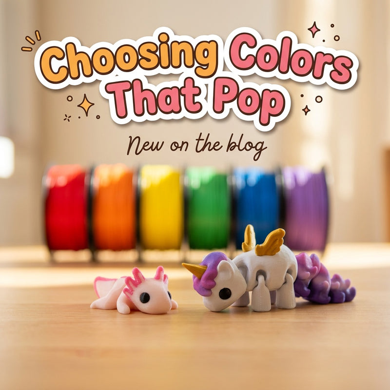 Choosing Colors That Pop: blog cover from Cosmic 3D Creations with 3D printed flexi toys