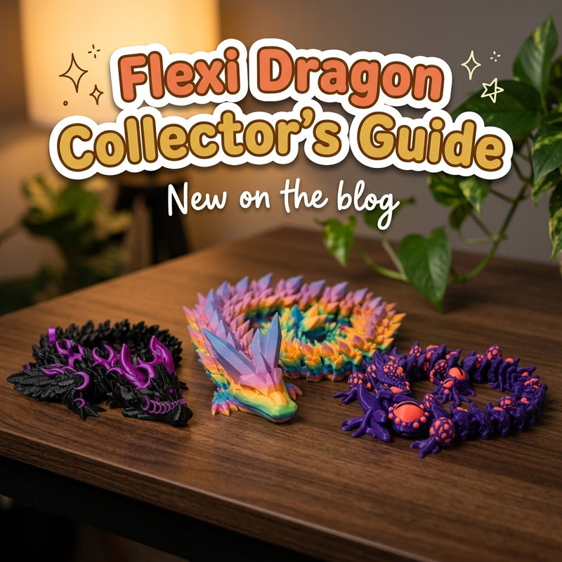 Flexi Dragon Collector's Guide: blog cover from Cosmic 3D Creations with 3D printed flexi toys