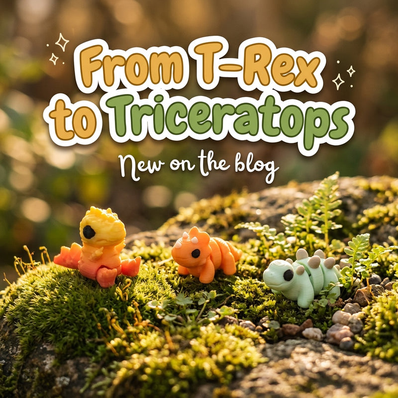 From T-Rex to Triceratops: blog cover from Cosmic 3D Creations with 3D printed flexi toys