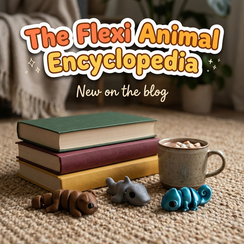 The Flexi Animal Encyclopedia: blog cover from Cosmic 3D Creations with 3D printed flexi toys