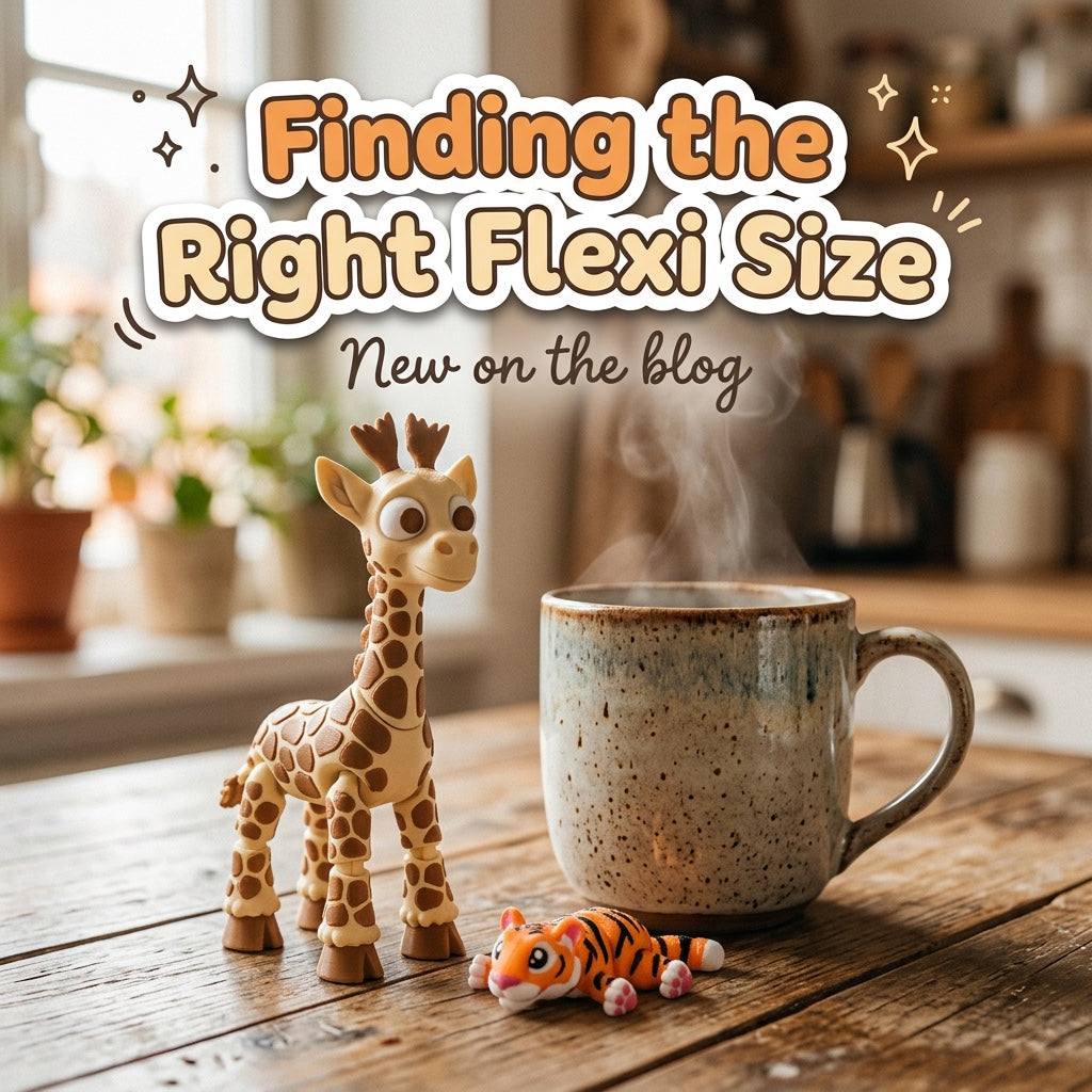 Finding the Right Flexi Size: blog cover from Cosmic 3D Creations with 3D printed flexi toys