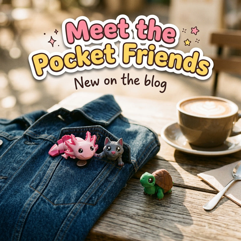 Meet the Pocket Friends: blog cover from Cosmic 3D Creations with 3D printed flexi toys