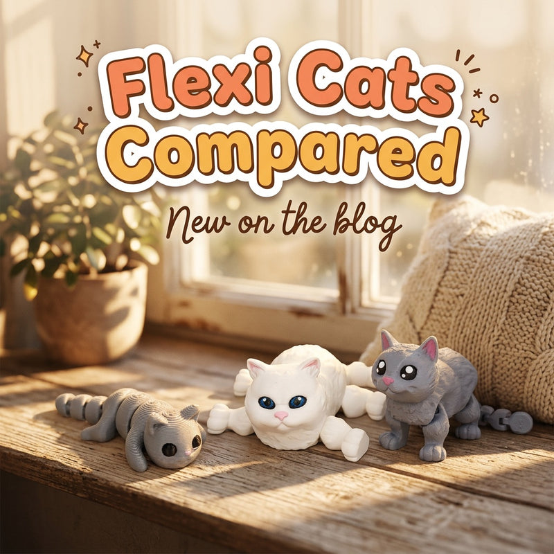 Flexi Cats Compared: blog cover from Cosmic 3D Creations with 3D printed flexi toys