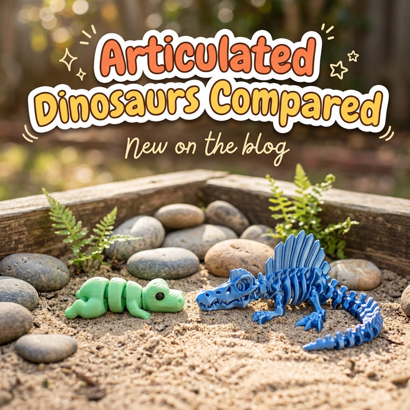 Articulated Dinosaurs Compared: blog cover from Cosmic 3D Creations with 3D printed flexi toys
