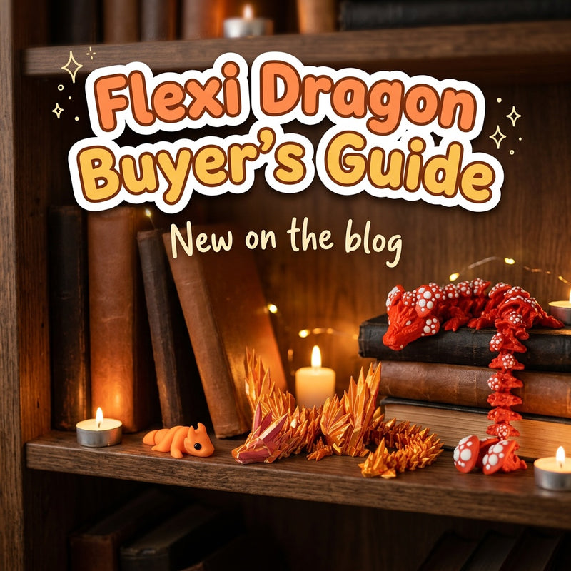 Flexi Dragon Buyer's Guide: blog cover from Cosmic 3D Creations with 3D printed flexi toys