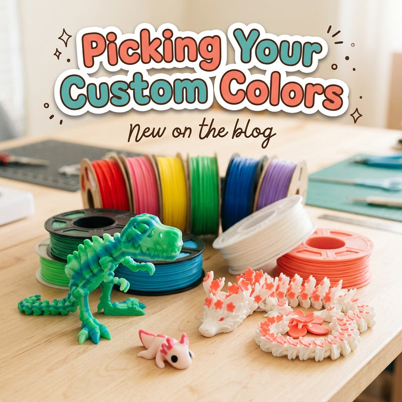 Picking Your Custom Colors: blog cover from Cosmic 3D Creations with 3D printed flexi toys