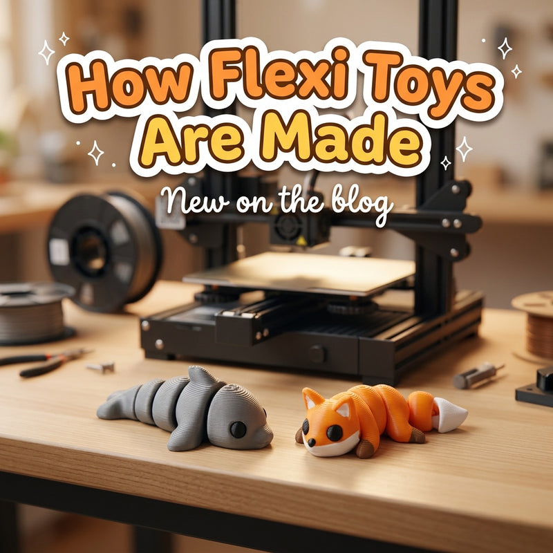 How Flexi Toys Are Made: blog cover from Cosmic 3D Creations with 3D printed flexi toys