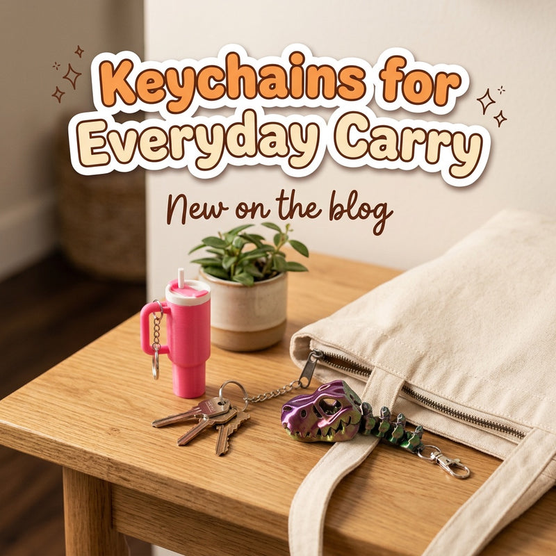 Keychains for Everyday Carry: blog cover from Cosmic 3D Creations with 3D printed flexi toys
