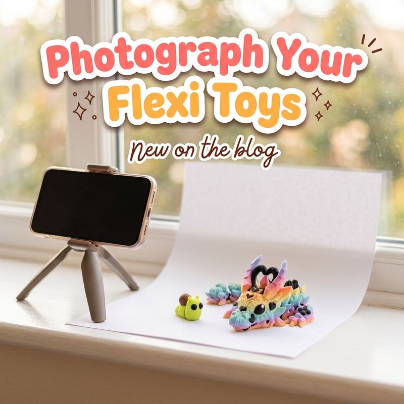 Photograph Your Flexi Toys: blog cover from Cosmic 3D Creations with 3D printed flexi toys