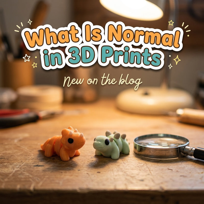 What Is Normal in 3D Prints: blog cover from Cosmic 3D Creations with 3D printed flexi toys