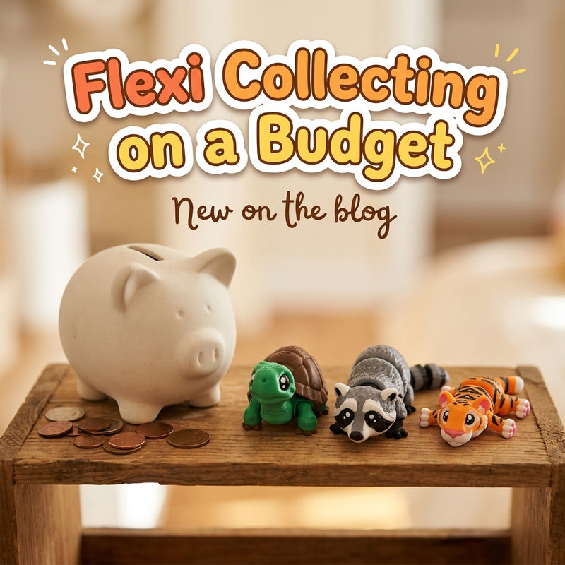 Flexi Collecting on a Budget: blog cover from Cosmic 3D Creations with 3D printed flexi toys