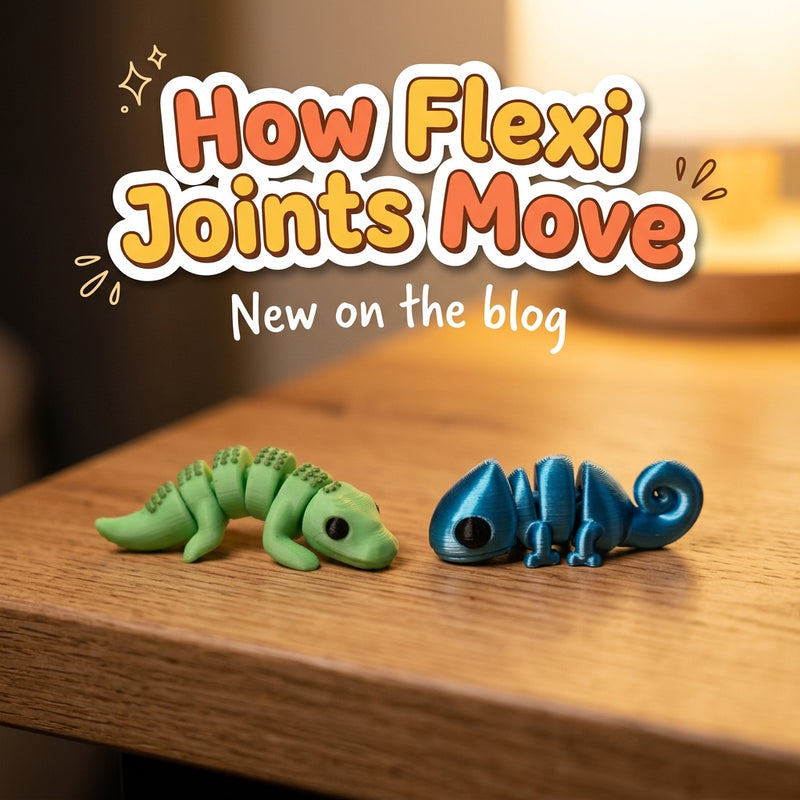 How Flexi Joints Move: blog cover from Cosmic 3D Creations with 3D printed flexi toys