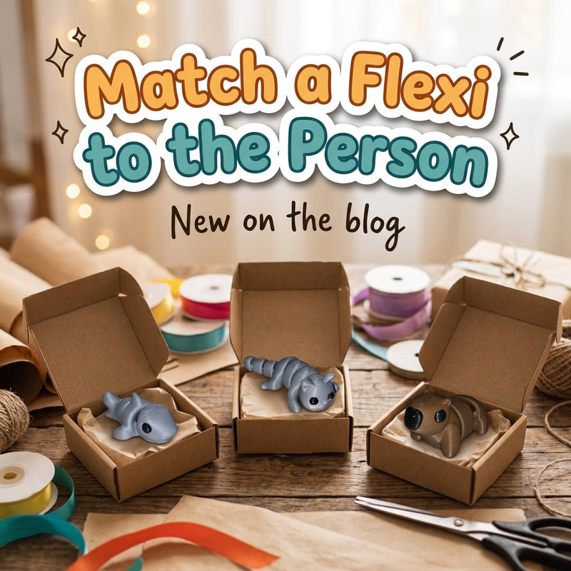 Match a Flexi to the Person: blog cover from Cosmic 3D Creations with 3D printed flexi toys