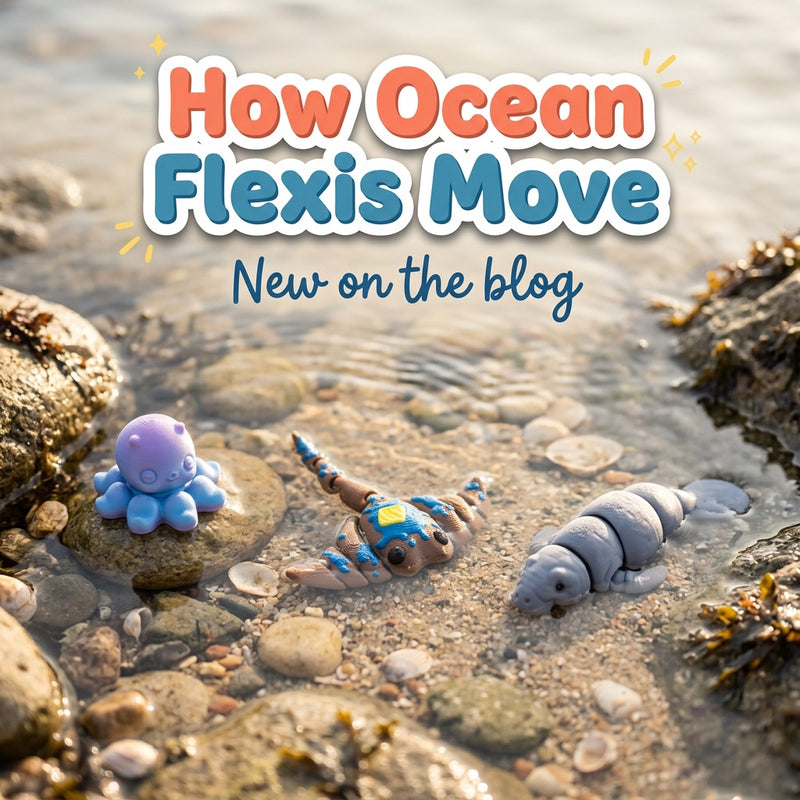 How Ocean Flexis Move: blog cover from Cosmic 3D Creations with 3D printed flexi toys