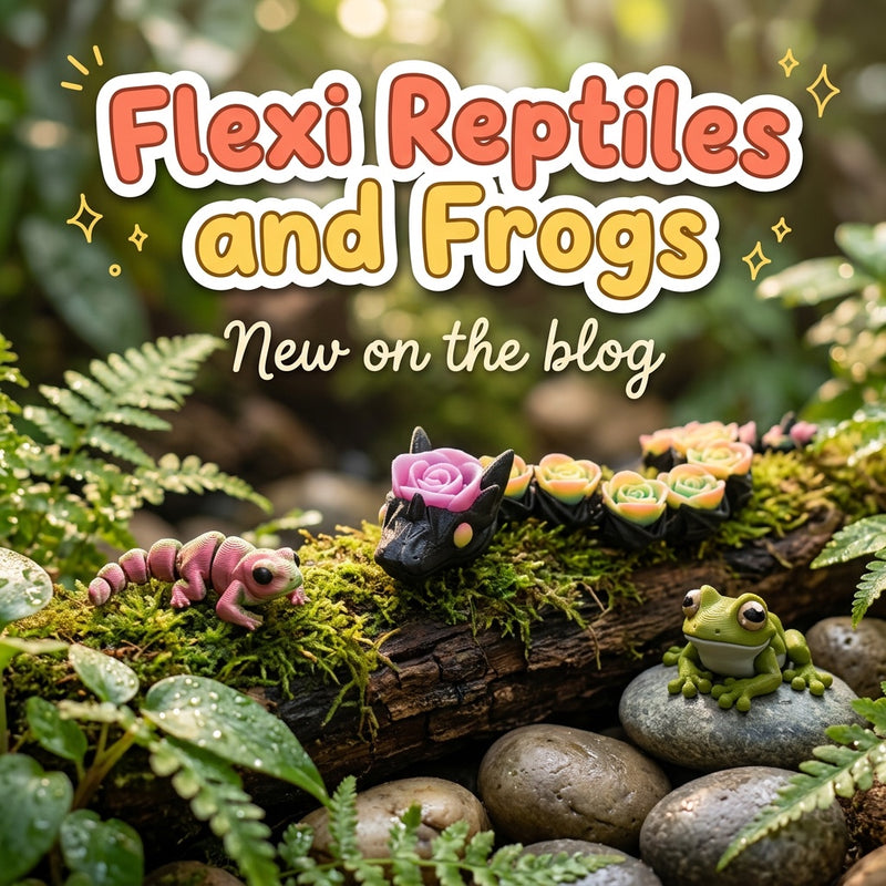 Flexi Reptiles and Frogs: blog cover from Cosmic 3D Creations with 3D printed flexi toys