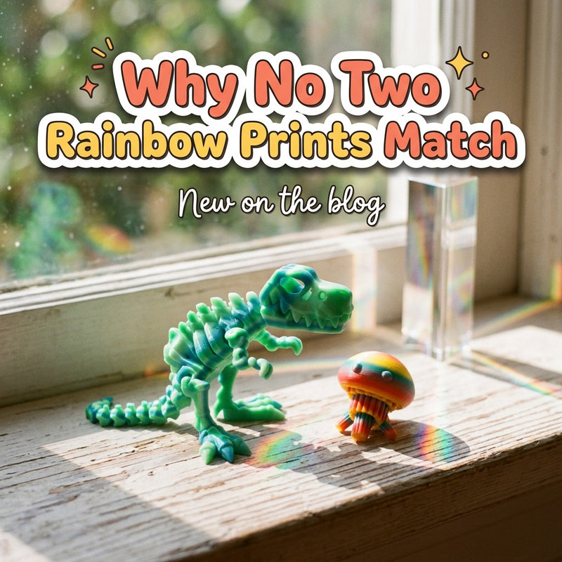 Why No Two Rainbow Prints Match: blog cover from Cosmic 3D Creations with 3D printed flexi toys