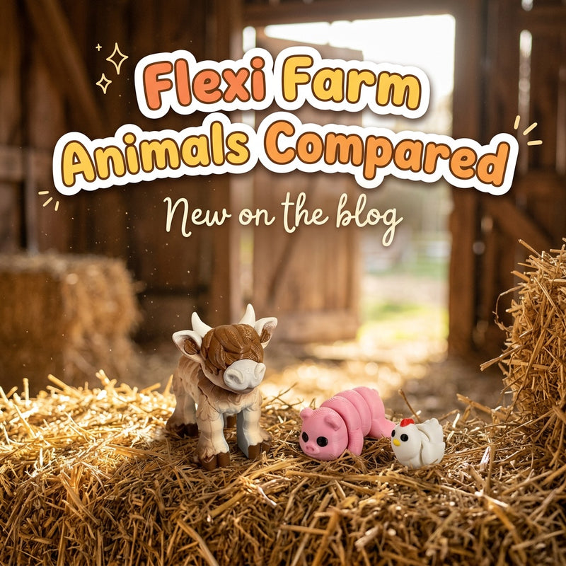 Flexi Farm Animals Compared: blog cover from Cosmic 3D Creations with 3D printed flexi toys