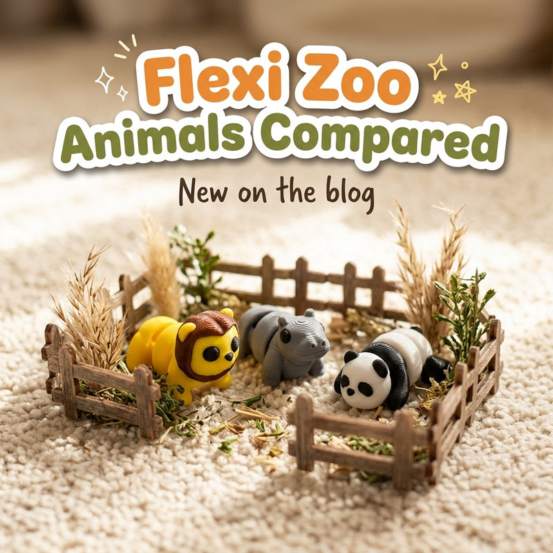Flexi Zoo Animals Compared: blog cover from Cosmic 3D Creations with 3D printed flexi toys