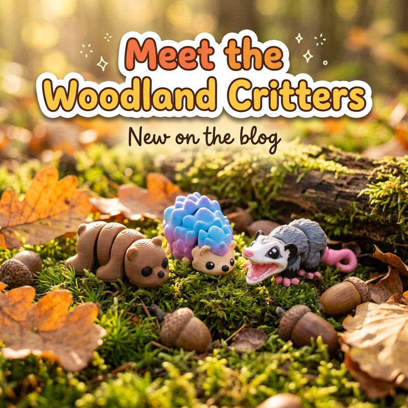 Meet the Woodland Critters: blog cover from Cosmic 3D Creations with 3D printed flexi toys