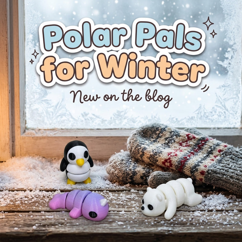 Polar Pals for Winter: blog cover from Cosmic 3D Creations with 3D printed flexi toys