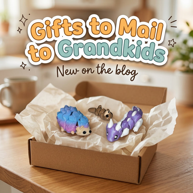 Gifts to Mail to Grandkids: blog cover from Cosmic 3D Creations with 3D printed flexi toys
