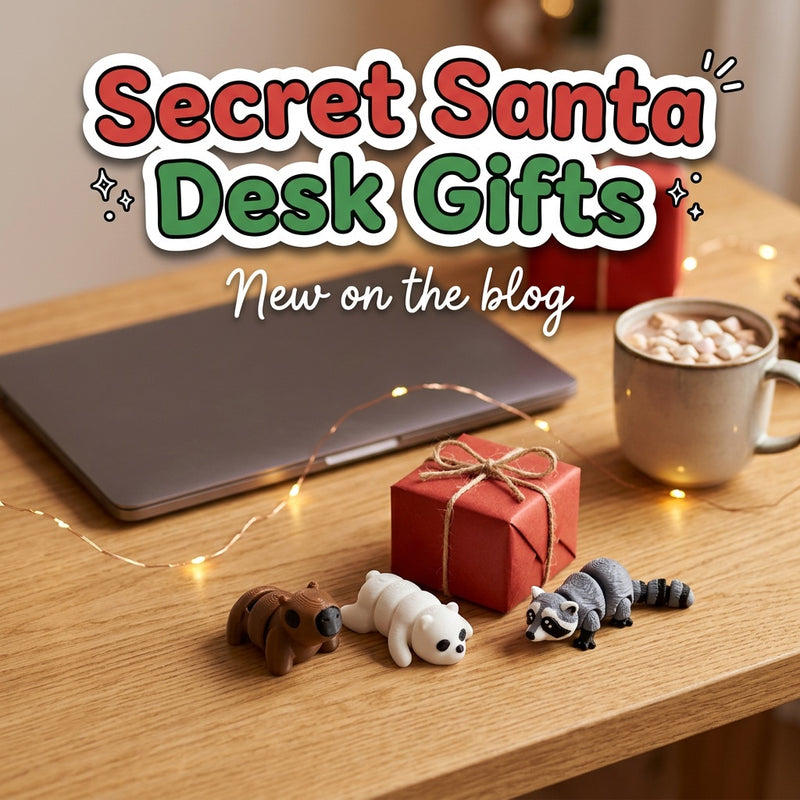 Secret Santa Desk Gifts: blog cover from Cosmic 3D Creations with 3D printed flexi toys