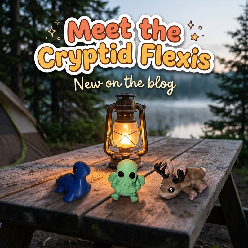 Meet the Cryptid Flexis: blog cover from Cosmic 3D Creations with 3D printed flexi toys