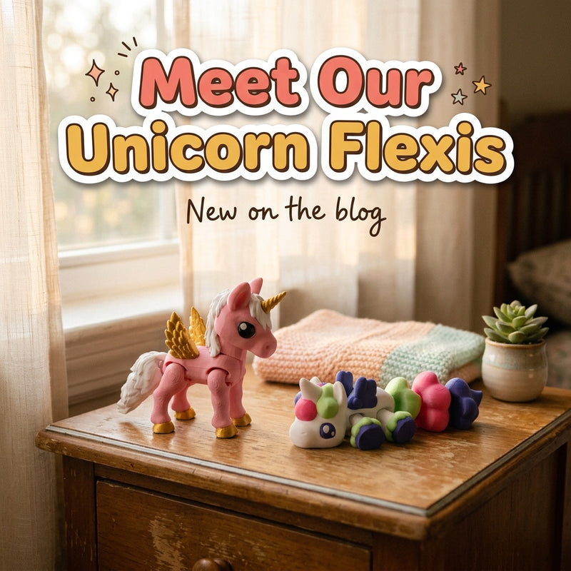 Meet Our Unicorn Flexis: blog cover from Cosmic 3D Creations with 3D printed flexi toys