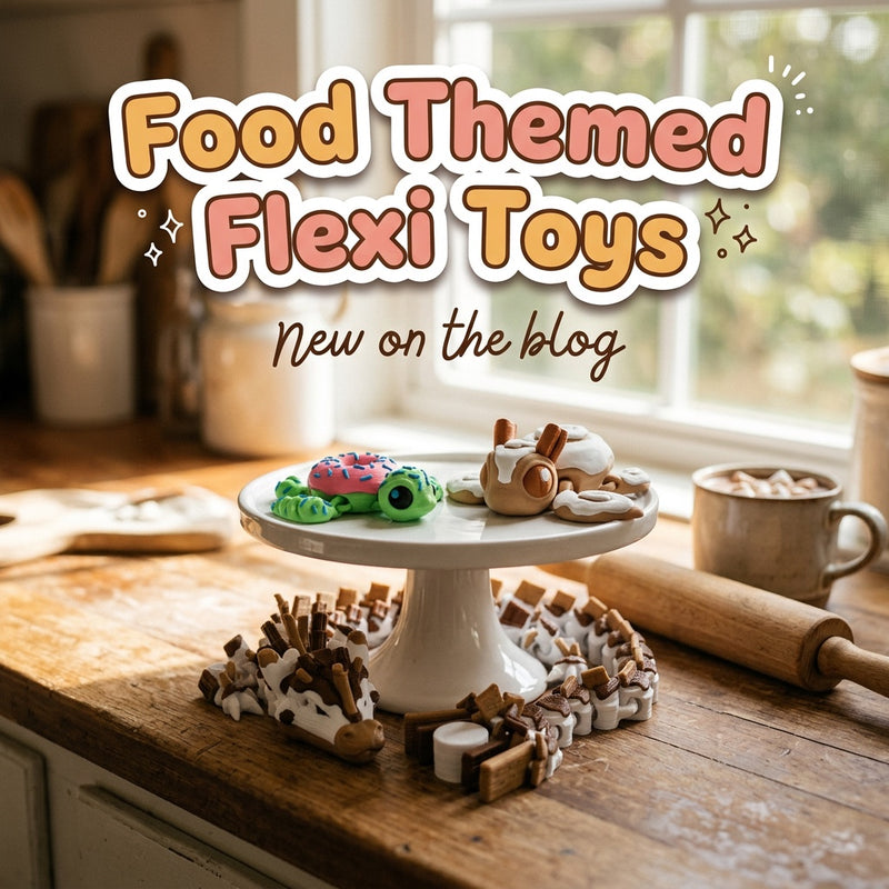 Food Themed Flexi Toys: blog cover from Cosmic 3D Creations with 3D printed flexi toys