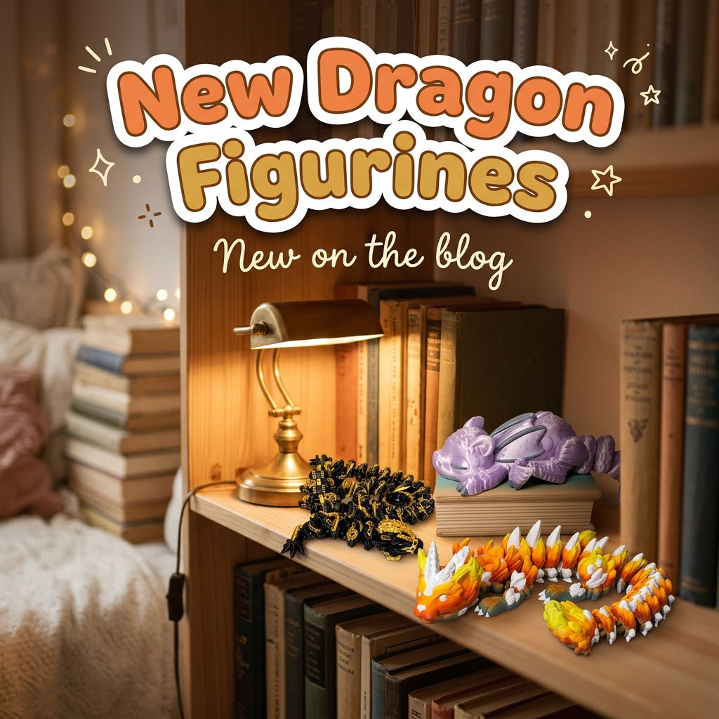 New Dragon Figurines: blog cover from Cosmic 3D Creations with 3D printed flexi toys