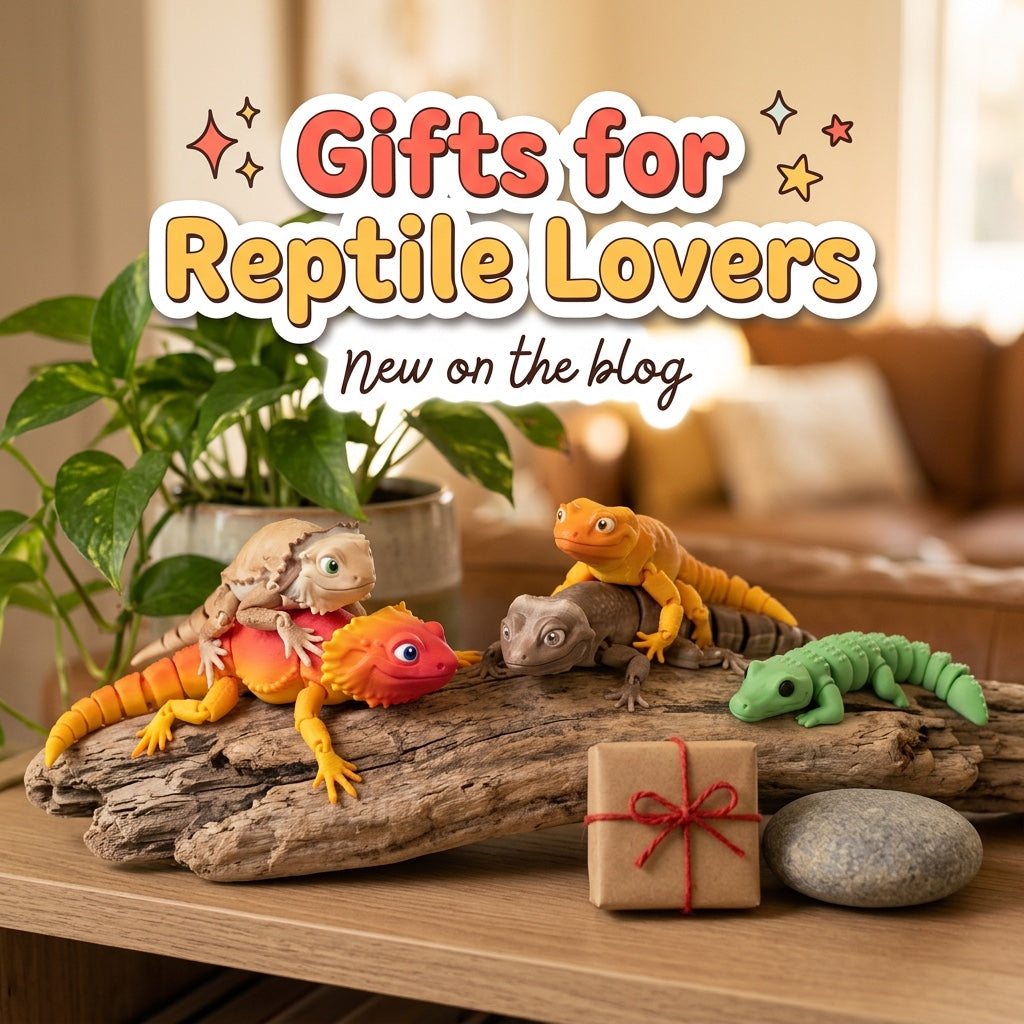 Gifts for Reptile Lovers: blog cover from Cosmic 3D Creations with 3D printed flexi toys