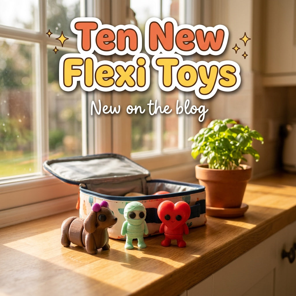 Ten New Flexi Toys: blog cover from Cosmic 3D Creations with 3D printed flexi toys