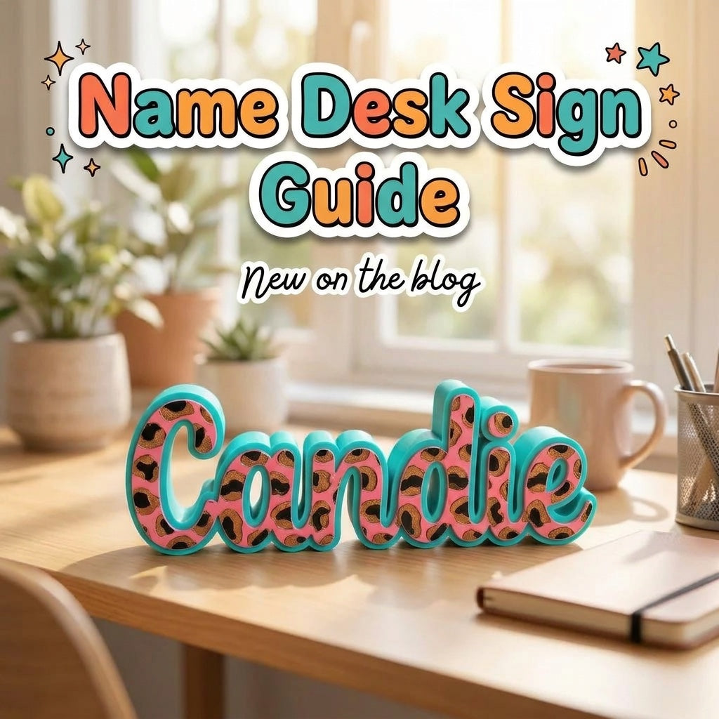 Name Desk Sign Guide: blog cover from Cosmic 3D Creations with a pink leopard and teal 3D printed name desk sign on a desk