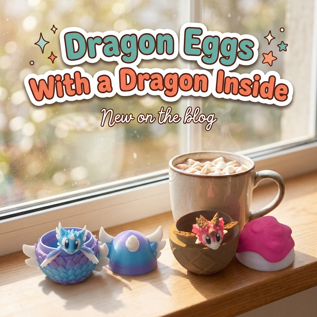 Dragon Eggs With a Dragon Inside: blog cover from Cosmic 3D Creations with an open purple and blue Celestial Egg and a strawberry Sugar Rush Egg on a sunny windowsill beside a mug of cocoa