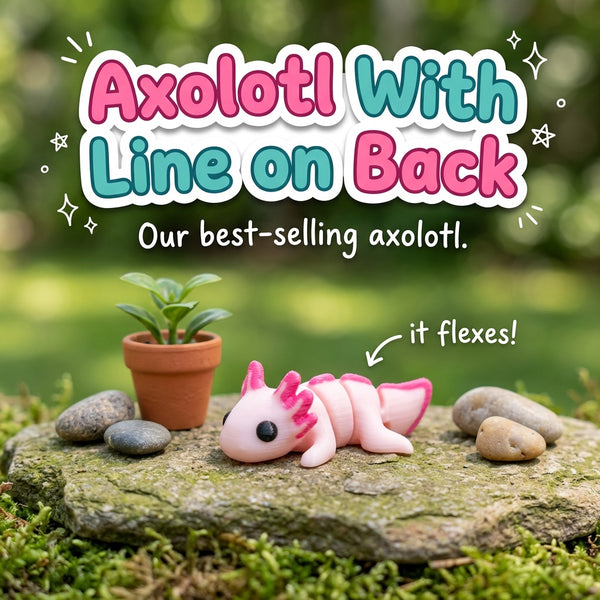 Axolotl With Line on Back 3D printed articulated flexi toy by Cosmic 3D Creations, on a mossy stone with plants