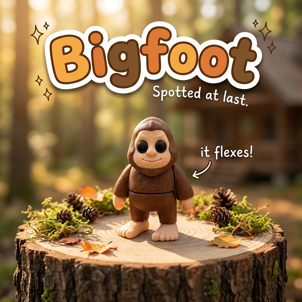 Bigfoot 3D printed articulated flexi toy by Cosmic 3D Creations, on a tree stump with moss and pine cones