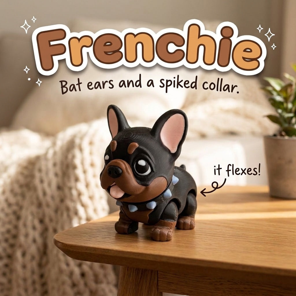 Black and Tan Frenchie French Bulldog 3D printed articulated flexi toy by Cosmic 3D Creations, on a cozy side table with a knit blanket
