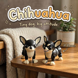 Chihuahua 3D printed articulated flexi toy by Cosmic 3D Creations, on a cozy side table with a knit blanket