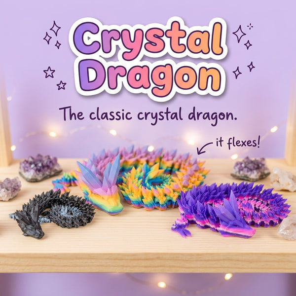 Crystal Dragon 3D printed articulated flexi toy by Cosmic 3D Creations, on a shelf with crystals