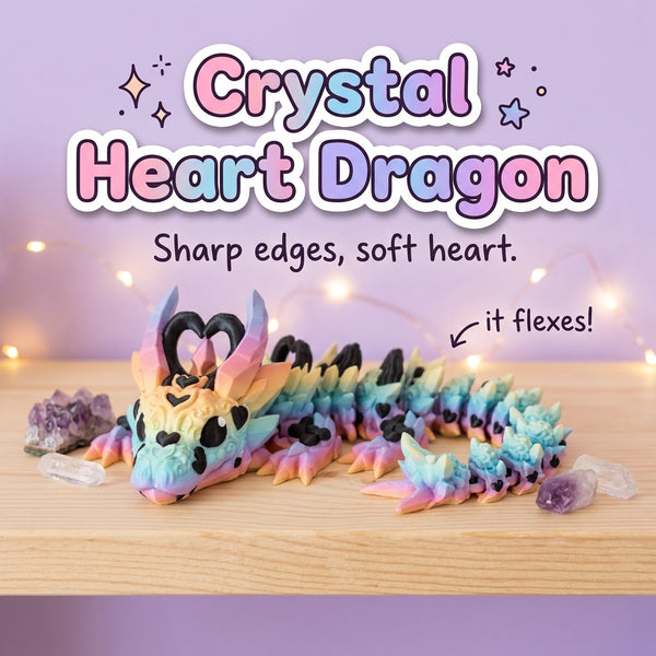 Crystal Heart Dragon 3D printed articulated flexi toy by Cosmic 3D Creations, on a shelf with crystals