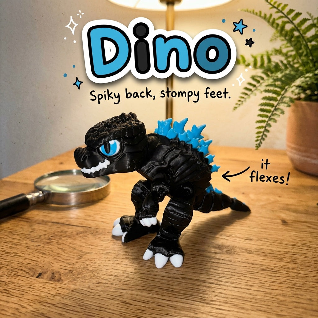Dino 3D printed articulated flexi toy by Cosmic 3D Creations, on a wooden desk with a fern
